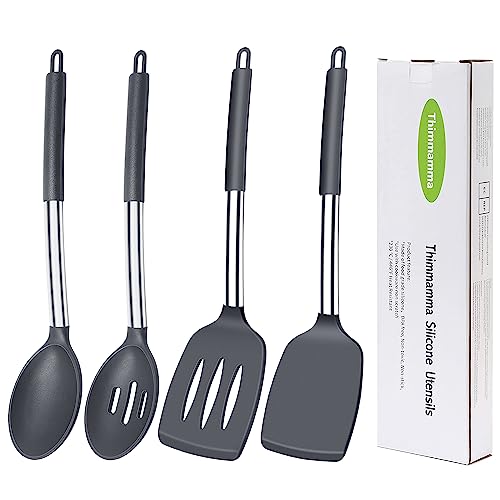 Silikon-Pfannenwender, 4 Stück, massiver Pfannenwender aus Silikon, Schlitzspatel und Küchen-Silikonlöffel, Set zum Kochen, Backen, hitzebeständig, BPA-frei, schwarze Silikon-Utensilien für von Thimmamma