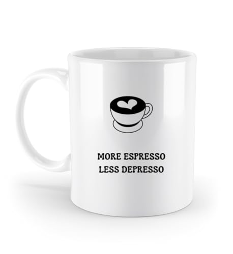 More Espresso Less Depresso Tasse | Lustige Kaffeetasse Espressoliebhaber | Geschenk für Kaffeeliebhaber, Freunde, Kollegen | Geschenk Kaffeejunky | Standard-Tasse 330ml von Things of Happiness