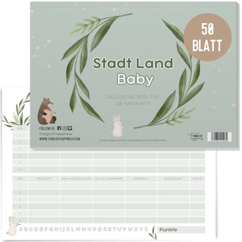 Things of Happiness Stadt, Land, Fluss Kultspiel Sonderedition Babyparty Junggesellinnenabschied JGA Frauenabend Mädelsabend Quiz Ratespiel (Babyparty Eucalyptus Grün) von Things of Happiness
