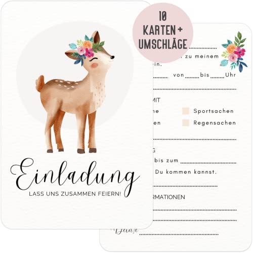 Things of Happiness 10 Einladungskarten zum Kindergeburtstag inkl. Briefumschläge Wald-Tiere | Geburtstagseinladungen Reh Mädchen | Einladung zum Geburtstag für Kinder Mädchen Junge (Waldtiere Reh) von Things of Happiness