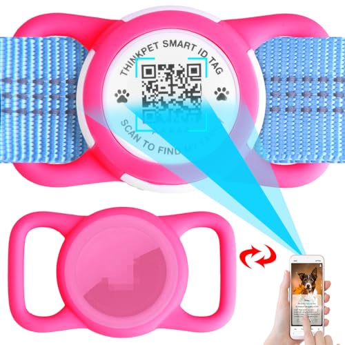 ThinkPet AirTag Dog Collar Holder with QR Code Smart Pet ID Tag, Dual-Loop Tracker Holder with Smart QR Code, Waterproof Dustproof Silent Airtag Holder Middle Rose Red von ThinkPet