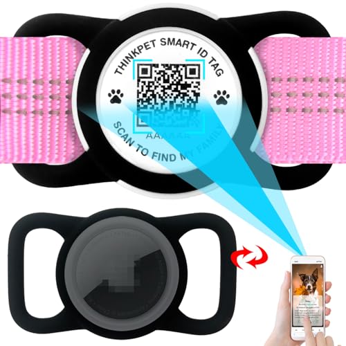 ThinkPet AirTag Hundehalsband mit QR Code Smart Pet ID Tag, Dual-Loop Tracker Halter mit Smart QR Code, Wasserdicht Staubdicht Silent Airtag Halter Mittel Schwarz von ThinkPet