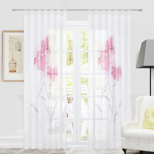 Thinkbay Floral Gardine mit Blumen Druck 1er-Pack Schlaufen Vorhang H*B 145 * 150cm Rosa von Thinkbay