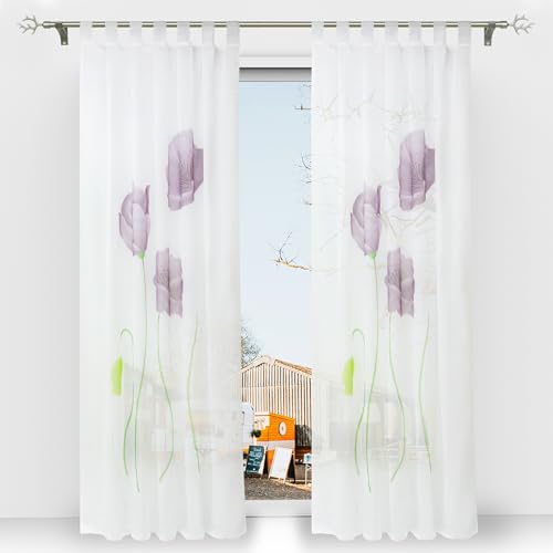 Thinkbay Floral Schlaufen Gardine Stoffdruck 1er-Pack Vorhang H*B 145 * 150cm Violett von Thinkbay