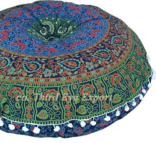 Third Eye Export 32 in Mandala Barmeri Großer runder Boden Kissenbezug Kissen Meditation Sitzmöbel Osmanischer Überwurf Hippie dekorativer böhmischer Hocker mit Reißverschluss (Blue Six Work Cover) von Third Eye Export