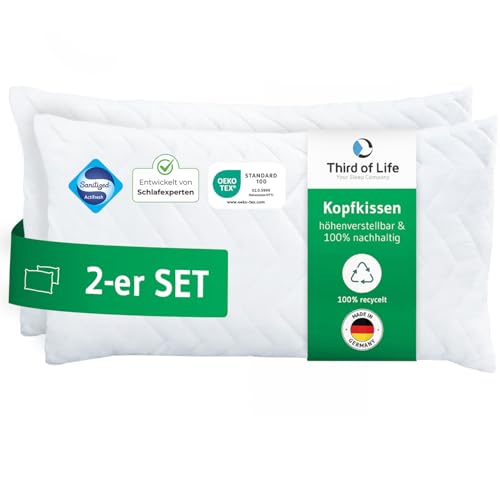 Kopfkissen 40x80 VERDA 2er Set, 100% nachhaltig, Orthopädisches 40 x 80 cm Bett-Kissen, Pillow aus recyceltem Material, Höhenverstellbar für Rückenschläfer, Seitenschläfer, Schlafkissen für Allergiker von Third of Life