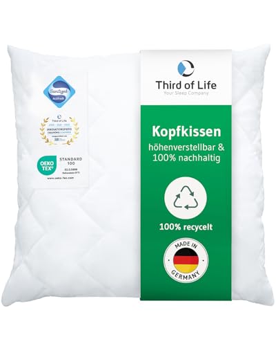 Kopfkissen 80x80 VERDA, 100% nachhaltig, Made in Germany, Orthopädisches Schlaf-Kissen 80 x 80, Polster aus recycelten Fasern, Höhenverstellbar für Bauch-, Rücken-, Seitenschläfer, Allergiker geeignet von Third of Life