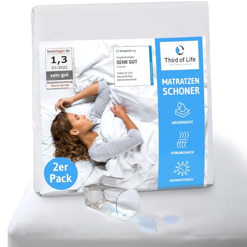 Matratzenschoner 90 x 200 Doppelpack, wasserdichte Inkontinenzunterlage, 2-er Set Nässeschutz 90x200, Anti-Milben Atmungsaktiver Matratzenbezug für Allergiker, Schimmelresistente Matratzenauflage von Third of Life