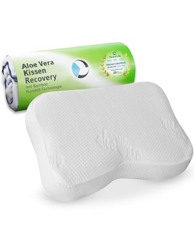 Nackenstützkissen Recovery mit pflegendem Aloe Vera Kissen-Bezug | HWS-Kopfkissen für aktive Hautpflege | Ergonomischer Visco-Schaum mit Bambus-Aktivkohle | Ideal für Allergiker | Gratis Reisetasche von Third of Life