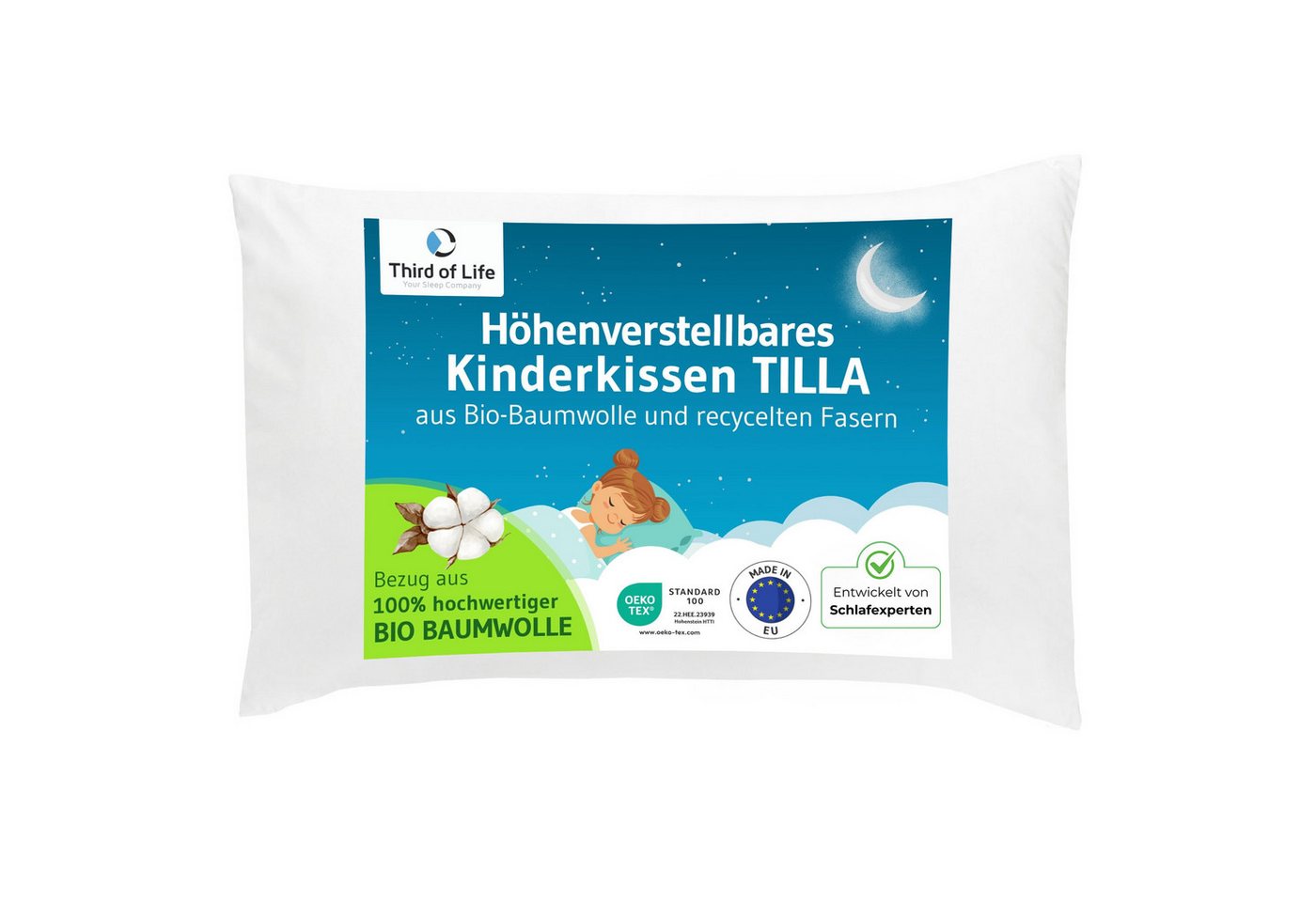 Third of Life Baumwollkissen TILLA Kinderkopfkissen (40×60), Füllung: 100 % recycelte Polyesterfaser (rPET), Bezug: 100 % Baumwolle (Bio), Seitenschläfer, Rückenschläfer, Bauchschläfer, Bio-Baumwolle, höhenverstellbar, atmungsaktiv, allergikerfreundlich, von Third of Life