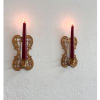 Paar Mid Century Vintage Massivem Messing Kerzenhalter Wandleuchten, Art Deco Home Kleiner Standard Taper Hängender Kerzenhalter, Gold Mcm 2 von Thirty3cubed
