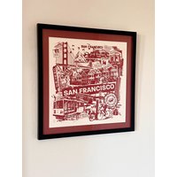 Vintage San Francisco Signed Siebdruck Grafikdesign Schwarzer Rahmen Mit Rotem Monochromen Passepartout Fine Art California Large von Thirty3cubed
