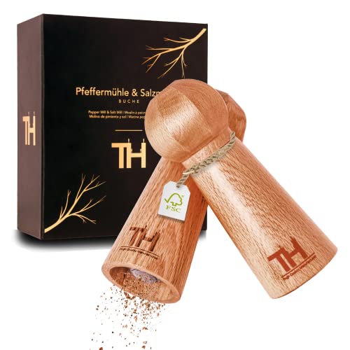 Thiru Profi Salz und Pfeffermühle Set - patentiertes Keramikmahlwerk - inkl. Untersetzer & Reinigungspinsel - Buche Massivholz groß von Thiru
