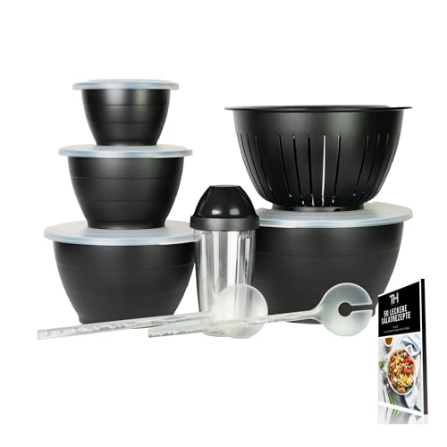 Thiru Salatschüsseln Schwarz Spar-Set 8-teilig mit Deckel - 8 Teilig 0,6L/1,3L/2,5L/4,4L/6,5L - mit Deckel, Seiher, Salatbesteck - BPA-frei - inkl. E-Book mit 50 Rezepten von Thiru