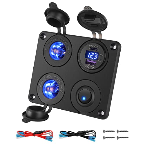 Thlevel 12V USB C Steckdose Panel Auto Ladegerät QC3.0 PD Zigarettenanzünder LED Voltmeter und Schalter für 12V-24V KFZ Boot Wohnmobil von Thlevel