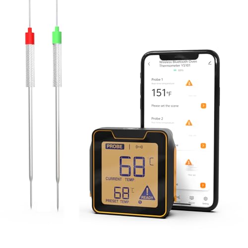 Thlevel Bratenthermometer Ofenthermometer Fleischthermometer Grillthermometer Digitales mit 2 Sonden Unterstützt Handy Bluetooth 5.0 bis zu 100m für Küchenthermometer von Thlevel