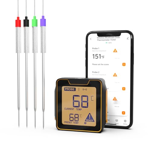 Thlevel Bratenthermometer Ofenthermometer Fleischthermometer Grillthermometer Digitales mit 4 Sonden Unterstützt Handy Bluetooth 5.0 bis zu 100m für Küchenthermometer von Thlevel