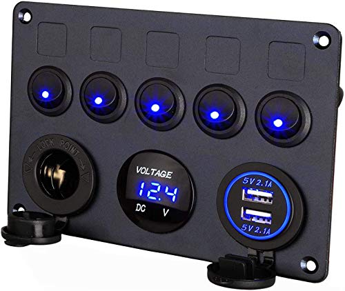 Thlevel Schalter Panel 5 Gang Kippschalter mit 5V 4.2A Dual USB Ladegerät wasserdichte LED Spannungsmesser Zigarettenanzünder Buchse für 12V bis 24V Marine Boot Wohnmobil Auto LKW Baufahrzeug Thlevel Schalter Panel 5 Gang Kippschalter mit 5V 4.2A Dual USB Ladegerät wasserdichte LED Spannungsmesser Zigarettenanzünder Buchse für 12V bis 24V Marine Boot Wohnmobil Auto LKW Baufahrzeug von Thlevel