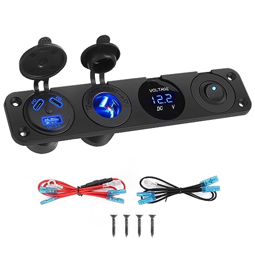 Thlevel USB C Steckdose 12V Auto Zigarettenanzünder Panel Dual 45W PD und 18W QC3.0 mit Unabhängiger Schalter und Digital Voltmeter für 12V-24V LKW KFZ Wohnwagen Motorrad Boot von Thlevel
