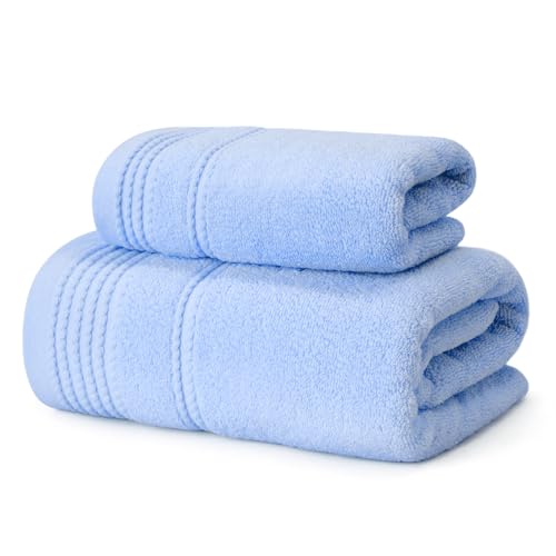Thmyo 2 Stück Premium 100% Baumwolle Super Soft Badezimmer Handtücher Set, 400 GSM Dickeres Hochsaugfähiges Handtuch für den täglichen Gebrauch, Fitnessstudio, Spa und Hotel, 1 Bad, 1 Hand, Blau von Thmyo