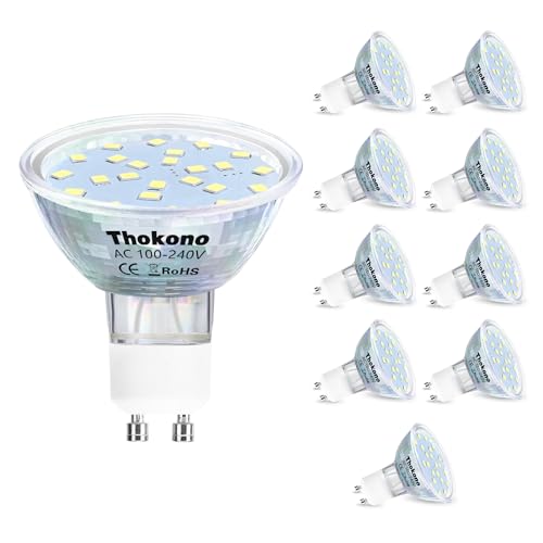 Thokono GU10 LED Kaltweiss 6000K, 5W Ersetzt 50W Halogen Leuchtmittel, 550Lm, 10er-Pack, AC 220V-240V Flimmerfrei Strahler, Nicht-Dimmbar LED Reflektorlampe. von Thokono