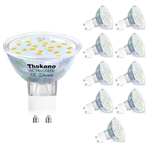 Thokono GU10 LED Warmweiss 2700K, 5W Ersetzt 50W Halogen Leuchtmittel, 550Lm, 10er-Pack, AC 220V-240V Flimmerfrei Strahler, Nicht-Dimmbar LED Reflektorlampe. von Thokono