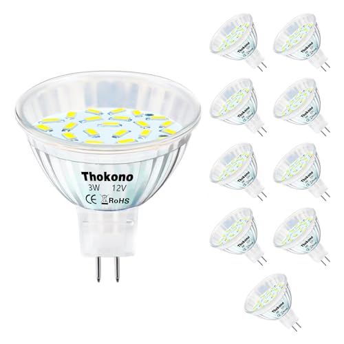 Thokono MR11 GU5.3 LED Kaltweiss 6000K, 3W Ersetzt 20W Halogenlampen Glühlampen, 330Lm, 10er-Pack, AC/DC 12V-24V Flimmerfrei Strahler, 120° Abstrahlwinkel, Nicht-Dimmbar LED von Thokono