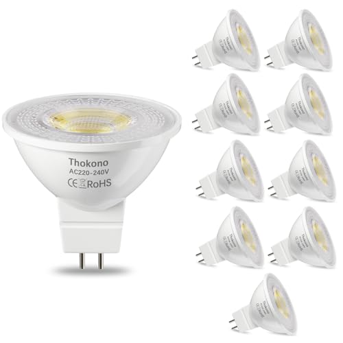 Thokono MR16 GU5.3 LED Lampe Kaltweiss 6000K, 5W Ersetzt 50W Halogen Leuchtmittel, 550Lm, 10er-Pack, AC 220V-240V Flimmerfrei Strahler, Abstrahlwinkel 24°, Nicht-Dimmbar LED Reflektorlampe. von Thokono