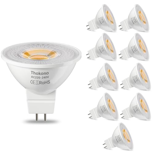 Thokono MR16 GU5.3 LED Lampe Warmweiss 2700K, 5W Ersetzt 50W Halogen Leuchtmittel, 550Lm, 10er-Pack, AC 220V-240V Flimmerfrei Strahler, Abstrahlwinkel 24°, Nicht-Dimmbar LED Reflektorlampe. von Thokono