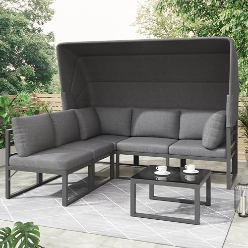 Garten Loungesessel Set,Gartenmöbel Set,Iron Sunny Island Sitzgruppe Hocker und Tisch mit Markise 4er Set Balkon und Garten Loungemöbel Terrassenmöbel Wetterfest Grau Inkl. Aller Kissen von ThomP