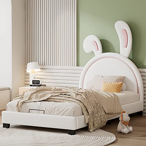 ThomP Kinderbett mit Hasenohren-Design, 90x200 cm Polsterbett, Einzelbett,Kunstleder, Weiß/Rosa, Holzlattenrost, Belastbarkeit 120 kg(Matratze Nicht enthaltet) (Weiß) von ThomP