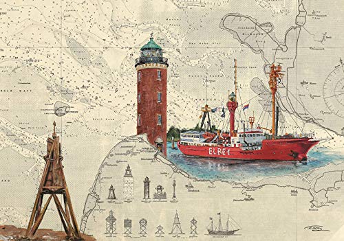 Tischset TS-Leuchtturm Cuxhaven Kugelbake, Feuerschiff Elbe 1, Format A3, laminiert, strapazierfähig, wasserfest, abwischbar von Thomas Kubitz Fine Art