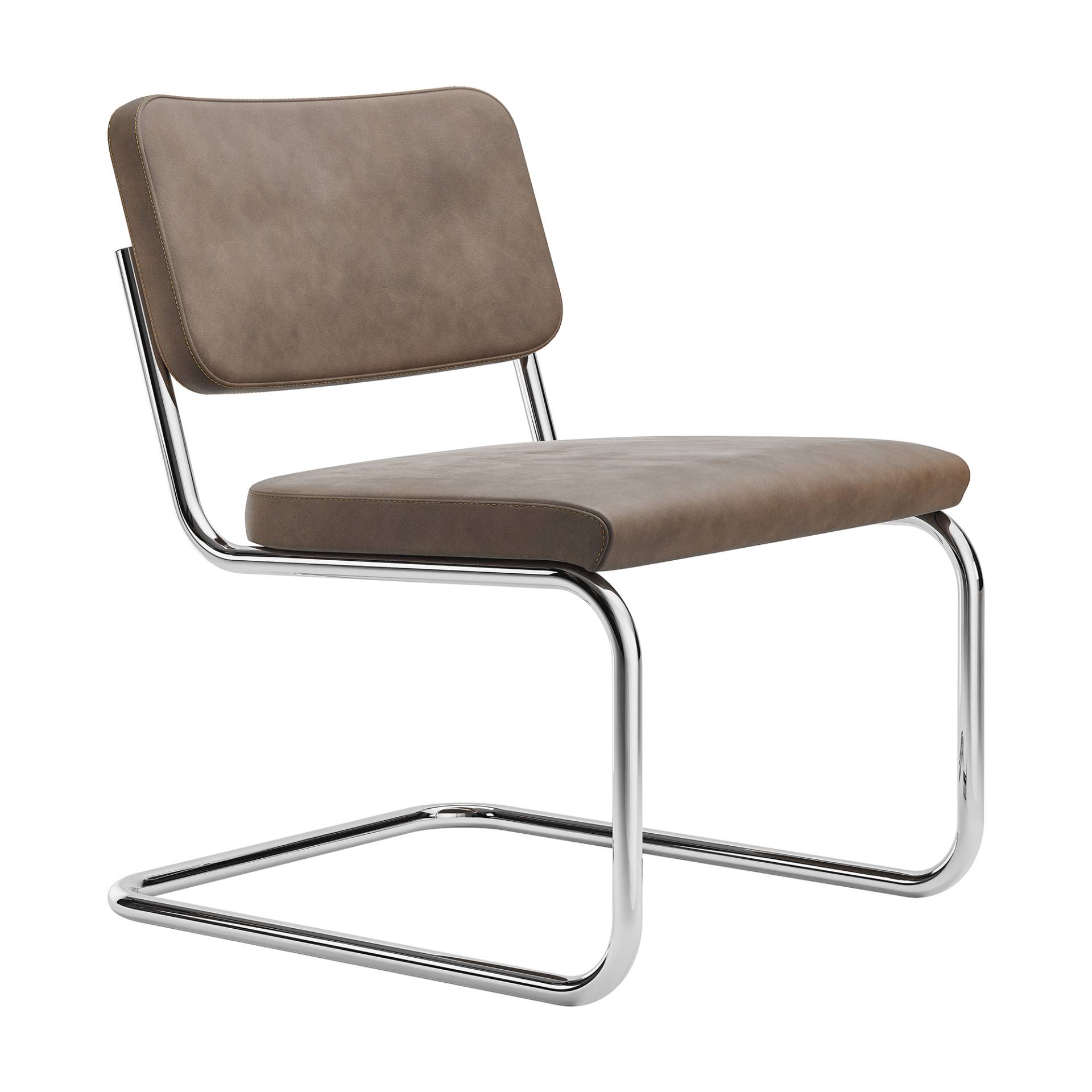 Thonet - S 32 PVL Freischwinger Lounge Stuhl Leder - braun/Nubukleder/Garn 448 Orangebraun/ohne Gleiter/Gestell Stahlrohr vechromt von Thonet