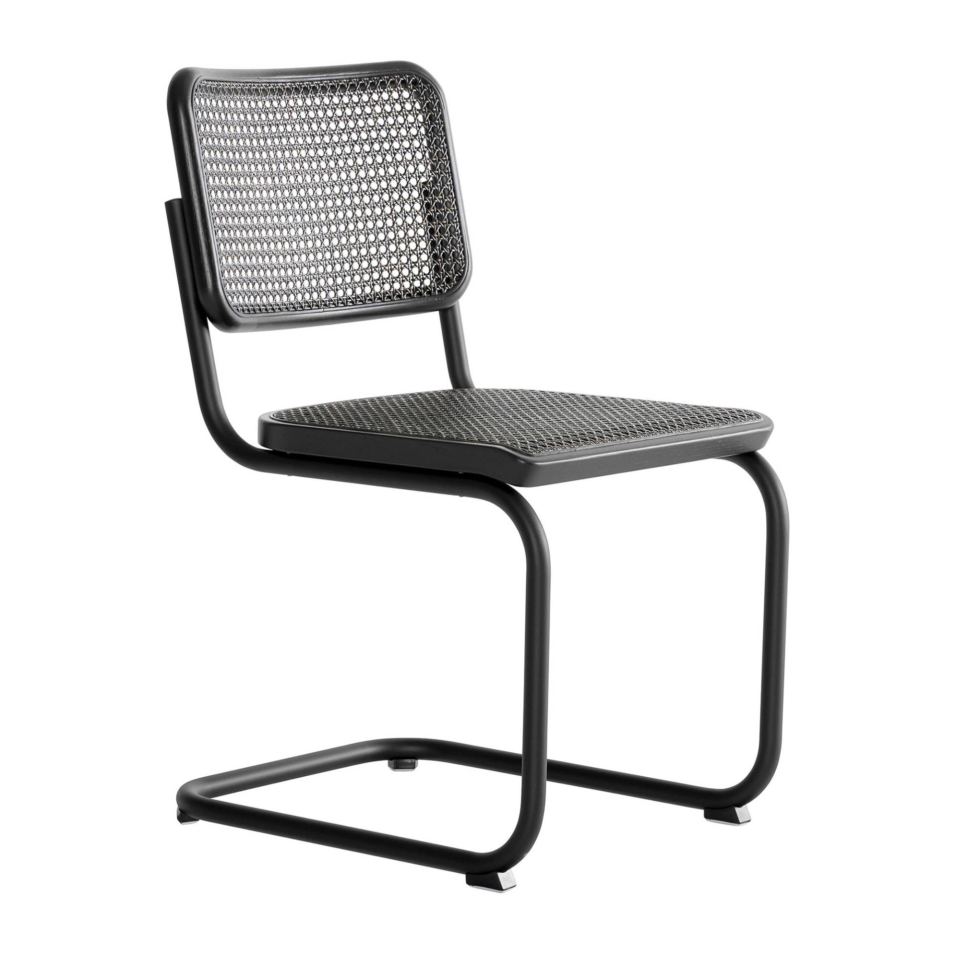 Thonet - S 32 V Freischwinger Stuhl mit Rohrgeflecht Dark Melange - schwarz RAL 9005/Rohrgeflecht mit Netzverstärkung/Holzteil Eiche gebeizt/Gestell.. von Thonet