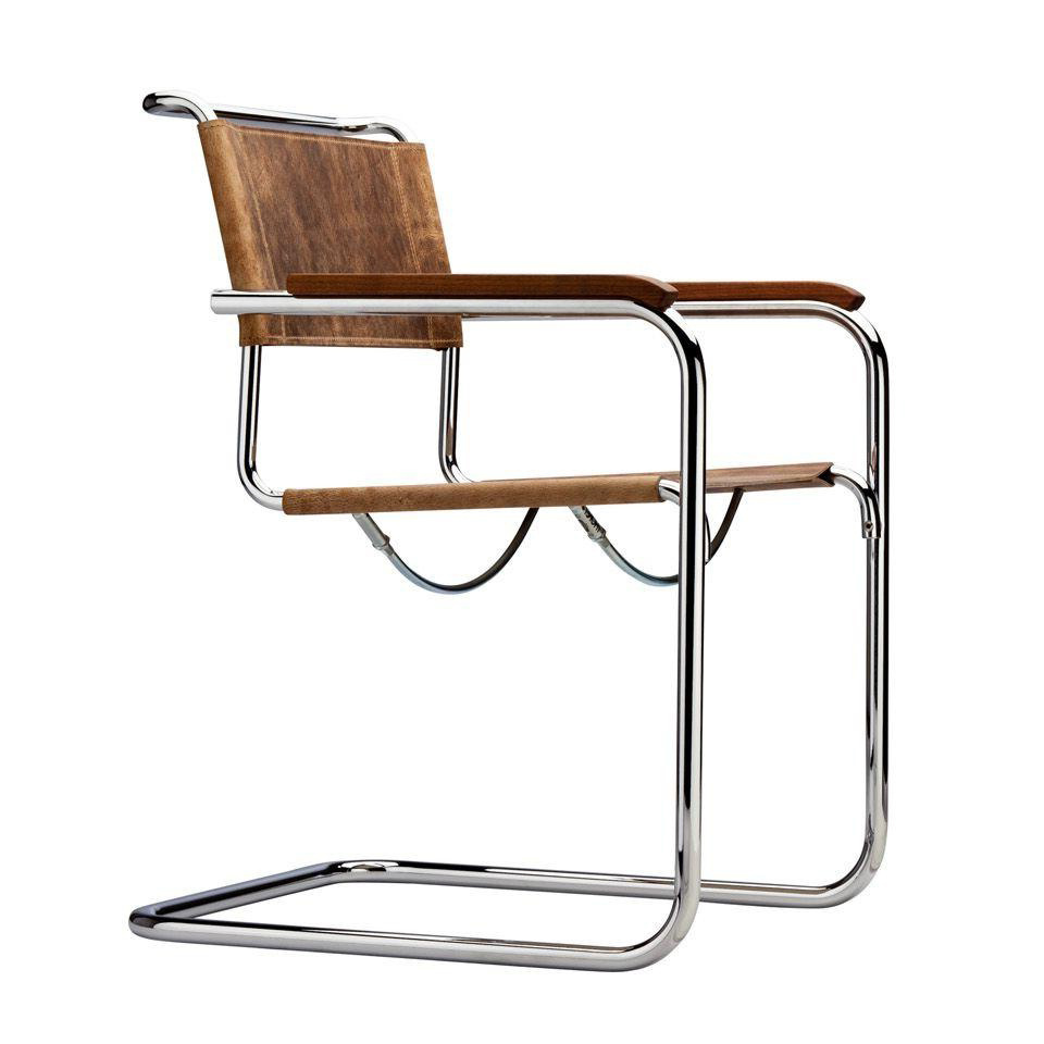 Thonet - S 34 Pure Materials Freischwinger Armlehnstuhl - Büffelleder braun/Armlehne Nussbaum geölt/BxHxT 57x84x64cm/Gestell Stahlrohr vechromt von Thonet