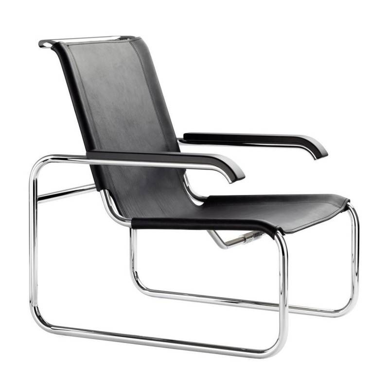 Thonet - S 35 L Sessel Kernleder - schwarz/Kernleder naturbelassen/Armlehnen Buche gebeizt schwarz/Gestell Stahlrohr vechromt von Thonet