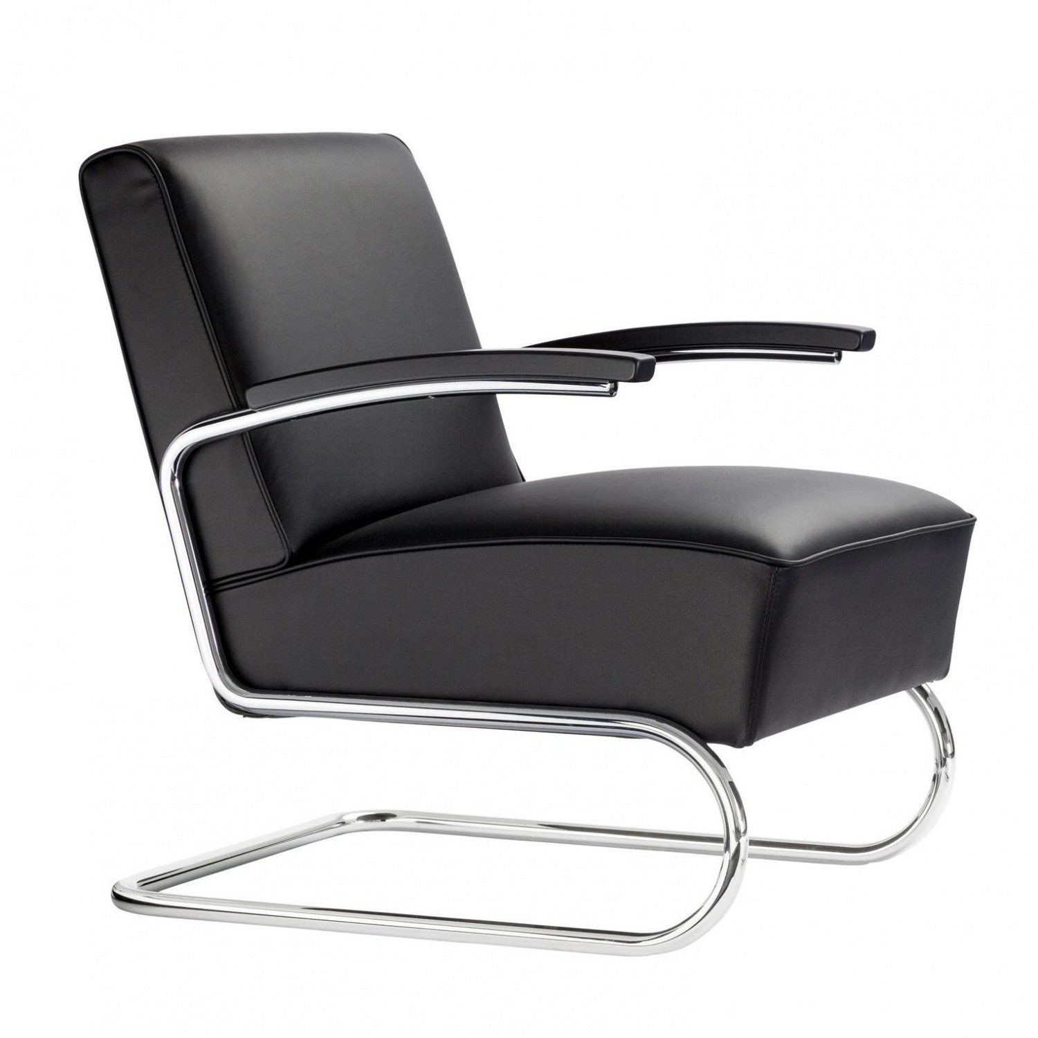 Thonet - S 411 Sessel 63x79x79cm Leder - Leder Linea 1 Nero 622 schwarz/Garn schwarz/Armauflage Buche gebeizt schwarz TP29/Gestell Stahlrohr vechromt von Thonet