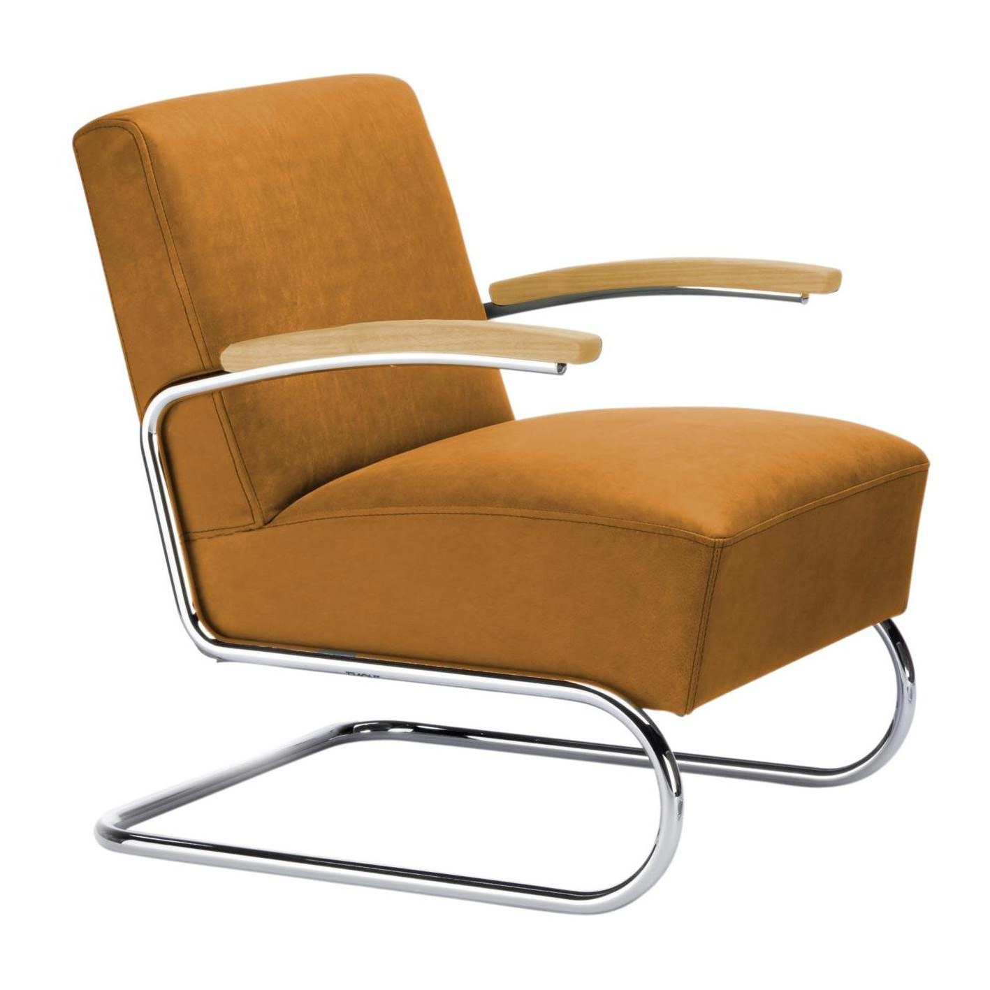 Thonet - S 411 Sessel 63x79x79cm Leder - Nappaleder natur 2617 cognac/Garn 406 dunkelbraun/Armauflage Eiche Pure Materials/Gestell Stahlrohr vechromt von Thonet