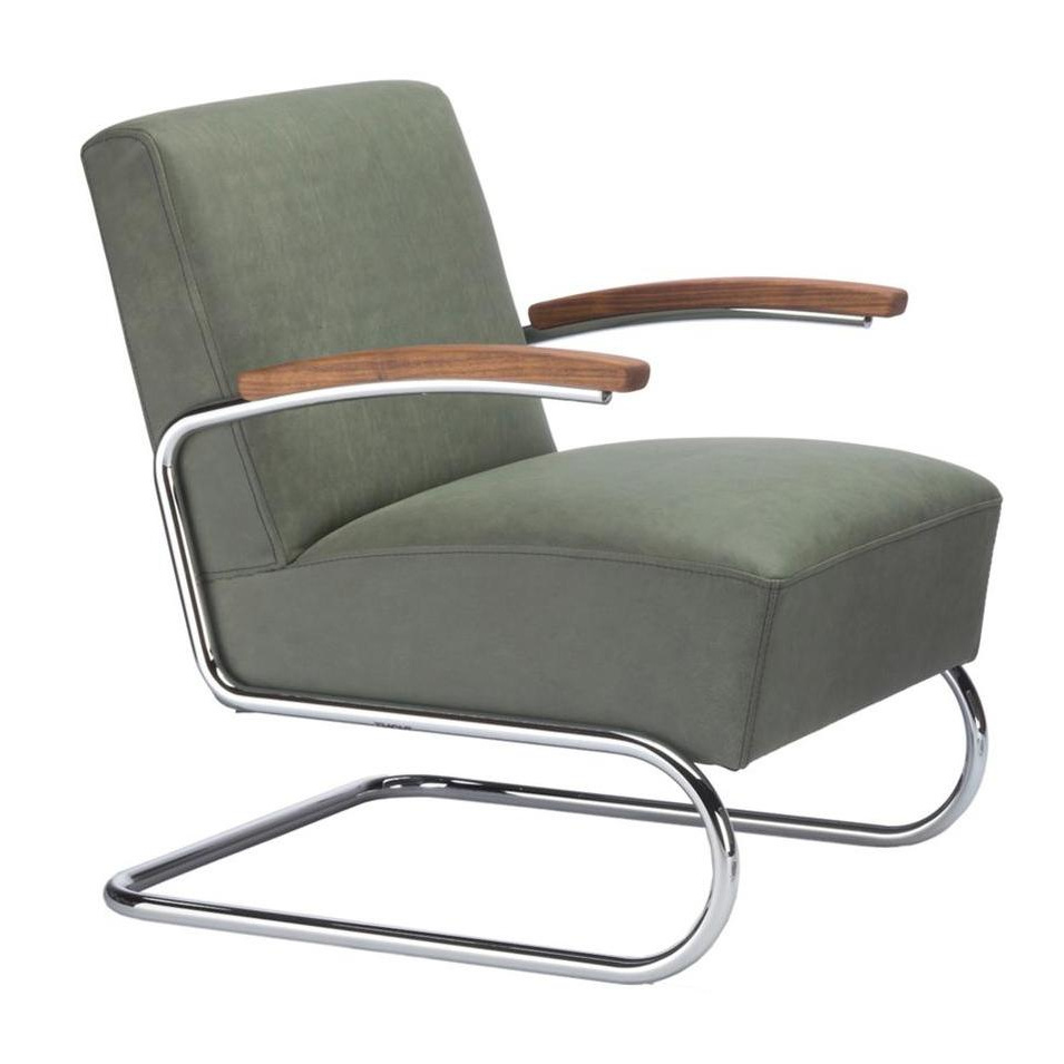 Thonet - S 411 Sessel 63x79x79cm Leder - Nubukleder natur 8 grüngrau/Garn 32 schwarzblau/Armauflage Nussbaum Pure Materials/Gestell Stahlrohr vechromt von Thonet