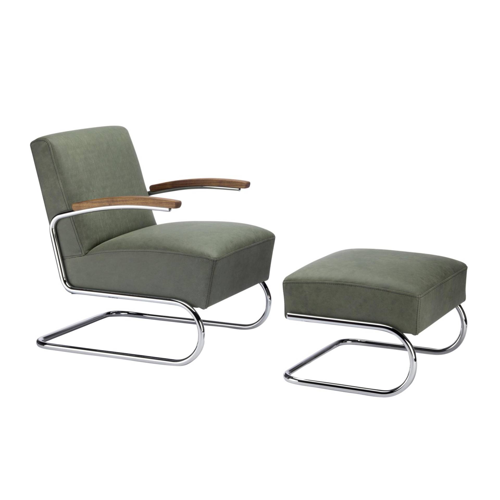 Thonet - S 411 Sessel mit Hocker Leder - grüngrau/Gestell verchromt/Nubukleder natur 8 grüngrau/Garn 32 schwarzblau/gepolstert/Armauflage Nussbaum Pur von Thonet