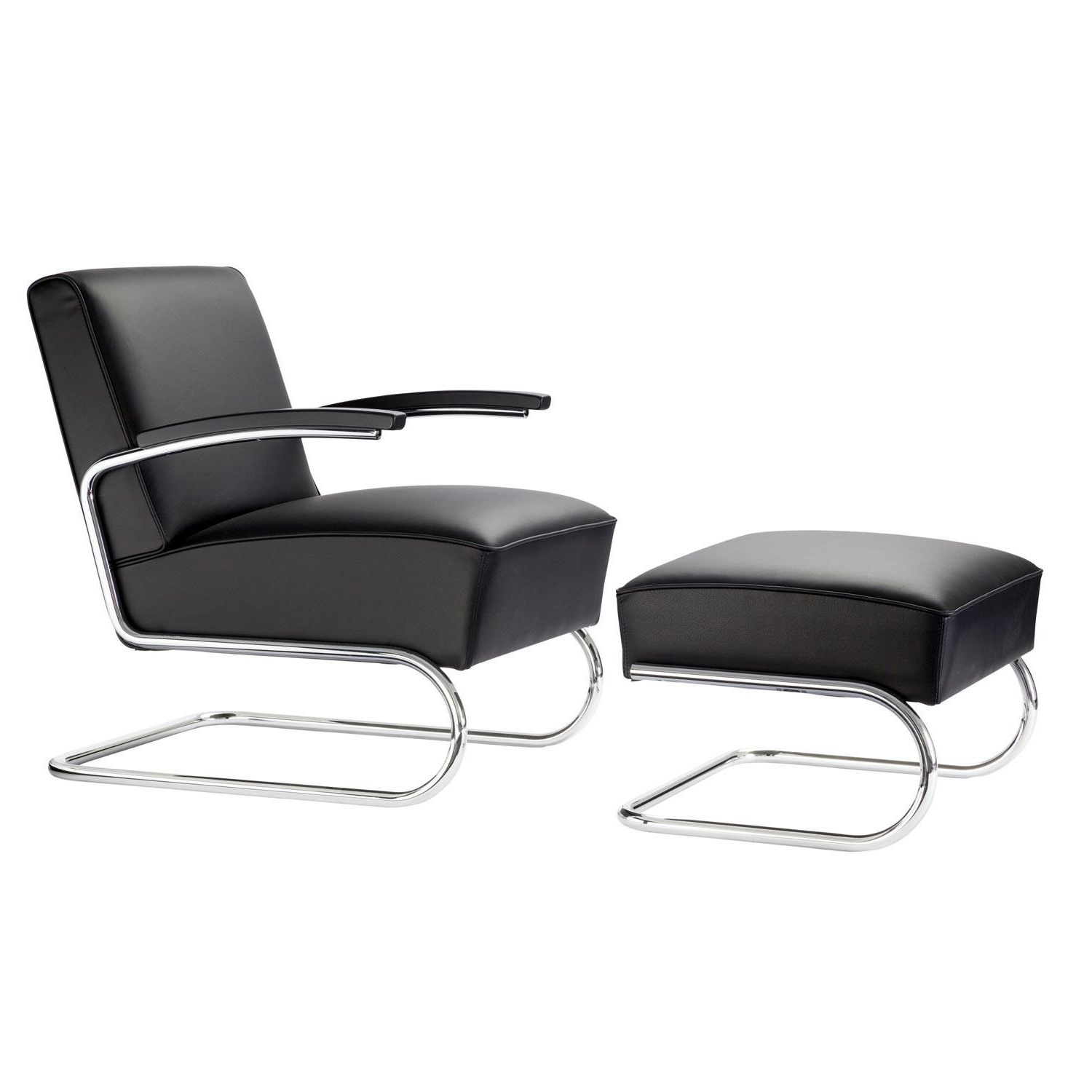 Thonet - S 411 Sessel mit Hocker Leder - schwarz/Gestell verchromt/Leder Linea 1 Nero 622/Garn schwarz/gepolstert/Armauflage Buche gebeizt schwarz TP2 von Thonet