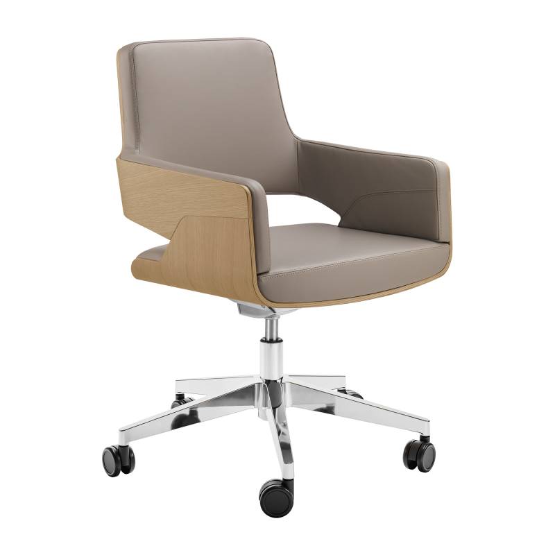 Thonet - S 845 DRW Bürostuhl - greige/Leder TL 660 asfalto/Gestell Aluminium verchromt/Sitzschale Eiche aufgehellt von Thonet