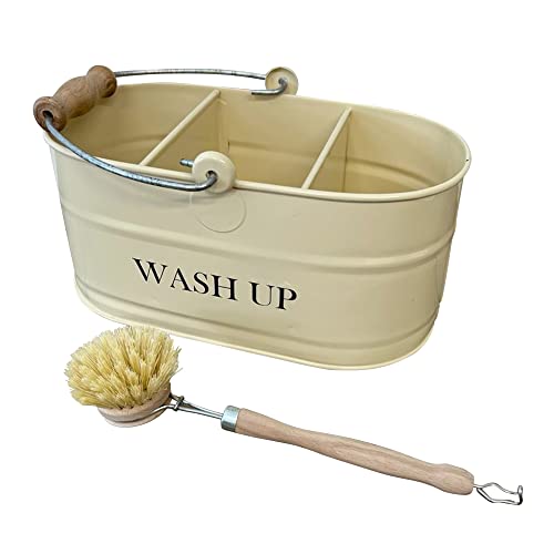 Cornish Cream Farbe Küchenspüle Emaille Spülbecken Ordnung mit Holzgriff Bürste | Spülbecken Caddy | Küchenspüle Organizer | Spülbecken Zubehör | Spülutensilienhalter von Thorness