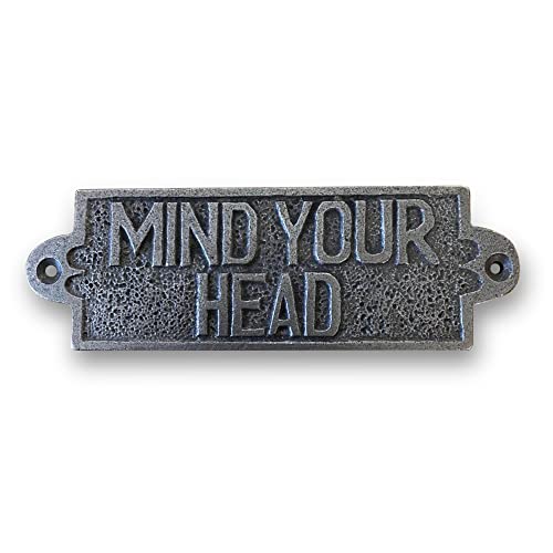Gusseisen-Schild im antiken Stil "Mind Your Head", 15 cm (L) x 5 cm (H), perfekt für jedes Haus mit Abblendlicht, Abblendlicht aus gegossenem Metall von Thorness