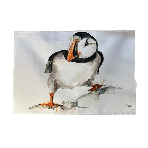 Thorness CURIOUS PUFFIN TEA TOWEL | 100% Baumwolle | Großes Küchentuch zum Trocknen | Handtuch mit Gruppe von Papageientauchern | Papageientaucher-Motiv Geschenk | Strandgeschenk | von Thorness