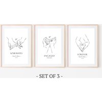 3Er Set Personalisierte Paar Hände Halten Drucke, Minimal Line Art Über Bett Dekor 1. Jahrestag Geschenke Für Ihn von ThoughtfulKeepsakeCo