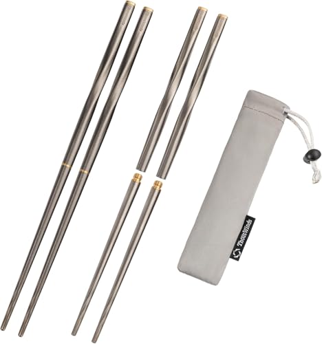 Thous Winds Essstäbchen Wiederverwendbar, 2 Paare Faltbare Essstäbchen Camping, Premium Tragbare Titan Ess Stäbchen Set Spülmaschinenfest, Klappbare Rutschfest Metall Stäbchen mit Stasche von Thous Winds