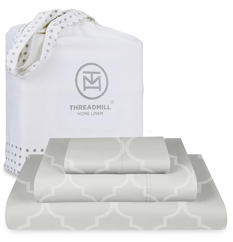 Threadmill Home Linen Twin-XL Bettlaken-Set – Reine langstapelige Baumwolle, traditionelles Jacquard-Damastgewebe, Fadenzahl 300, weiche hellgraue Laken mit elastischem tiefen Taschen. von Threadmill Home Linen