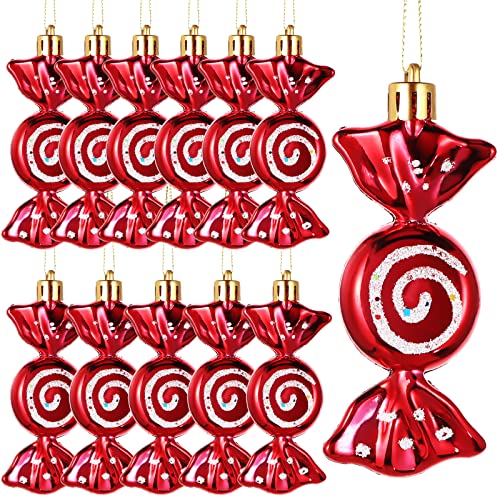 Threan 12 Stück Weihnachts-Süßigkeiten-Ornamente zum Aufhängen, Glitzer, Zuckerstange, Ornamente, Weihnachtsbaum, Süßigkeiten, Pfefferminze, Ornamente mit goldenen Seilen für Weihnachten, Party, von Threan