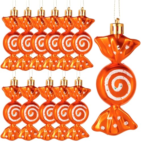Threan 12 Weihnachtsbaum Süßigkeiten Christbaumschmuck Bonbon Glitzernde Hängende Weihnachtliche Süßigkeiten Ornamente Zuckerstangen Deko mit Goldenen Seilen(Orange,Plastik) von Threan
